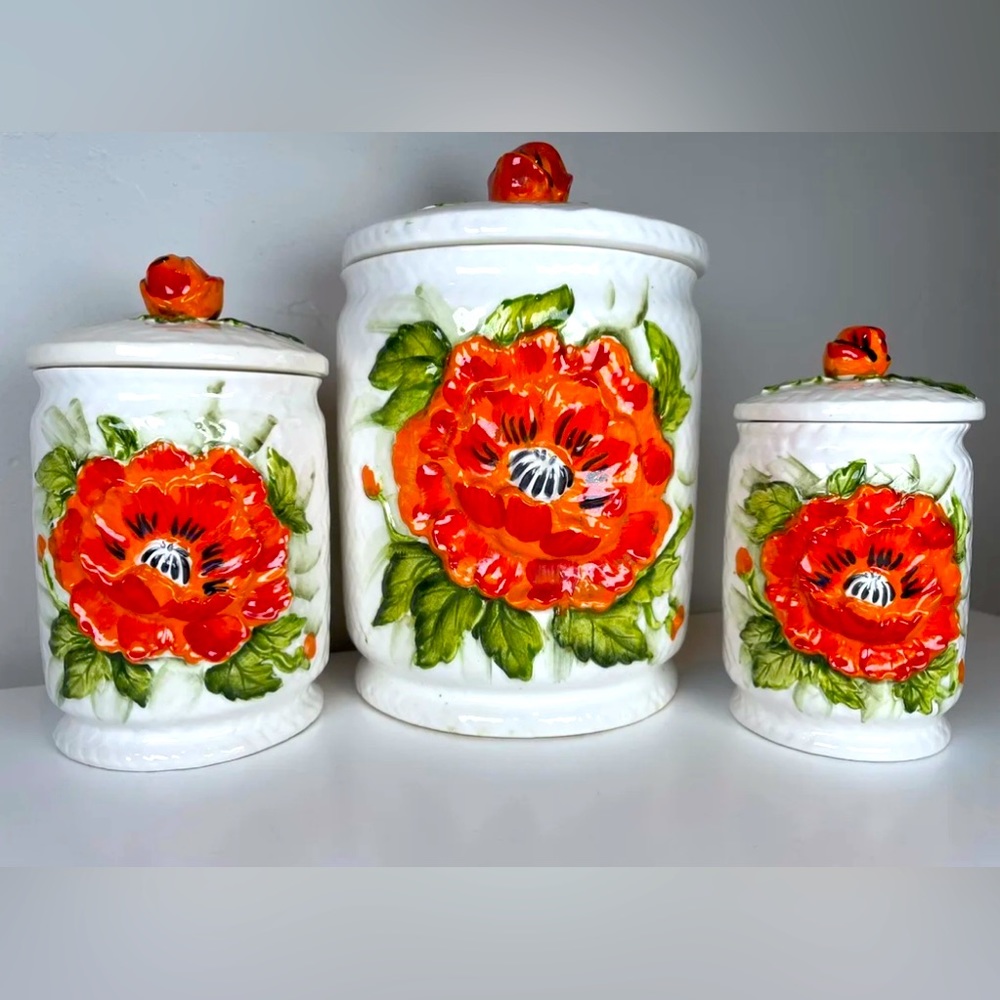 Lefton Geo Z Poppy Canisters Canisters w/Lids #5308 VTG 1970s. Coffee Cookie Jar
